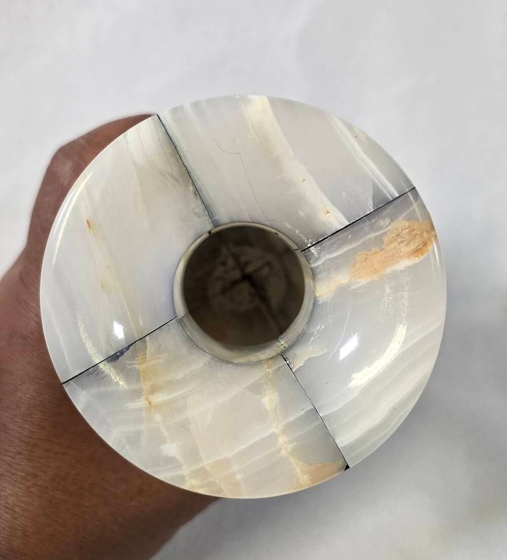 Vintage Patchwork Onyx Marble Tulip Vase – Black, Gray, & Cream - Picture 7 of 10